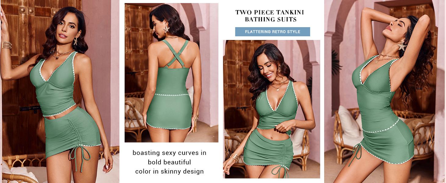 FISOEW Womens Tummy Control Tankini Swimsuits 2 Piece V Neck Criss Cross Drawstring Skort Bottom Bathing Suits Swimming Tankinisuit High Waist Swimwear