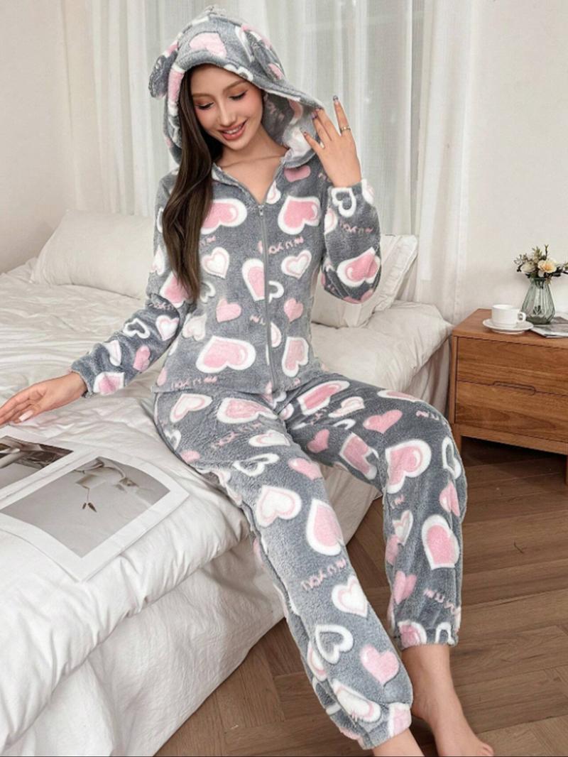 Women's Plush Onesie Pajamas Set, Long Sleeve Hooded Jumpsuit with Ears Design, Autumn Winter Warm Sleepwear for Ladies