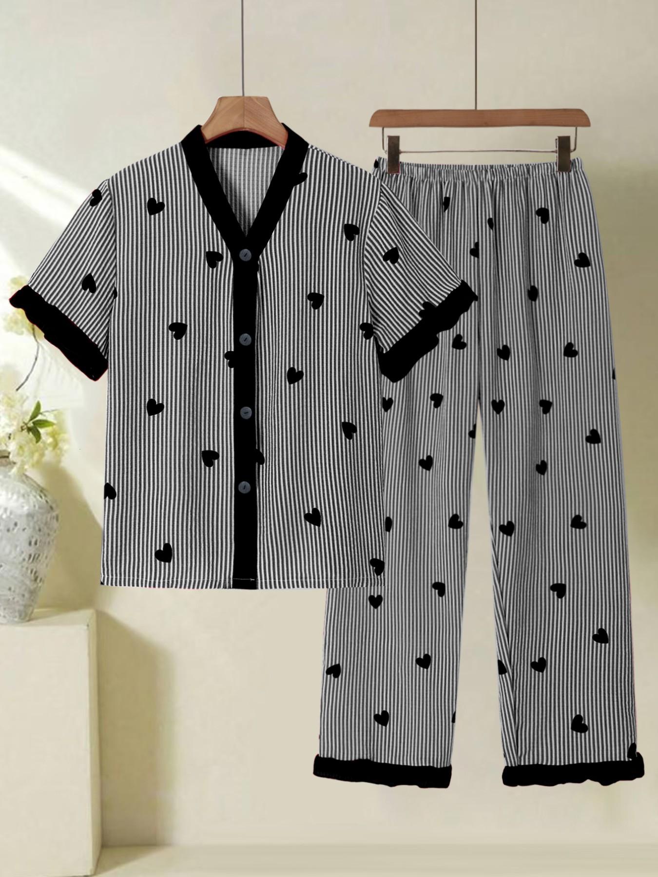 Women's Cute Pajama Sleepwear Set, Heart Pattern V Neck Button Short Sleeve Top & Pants, Lightweight Polyester Loungewear Homewear