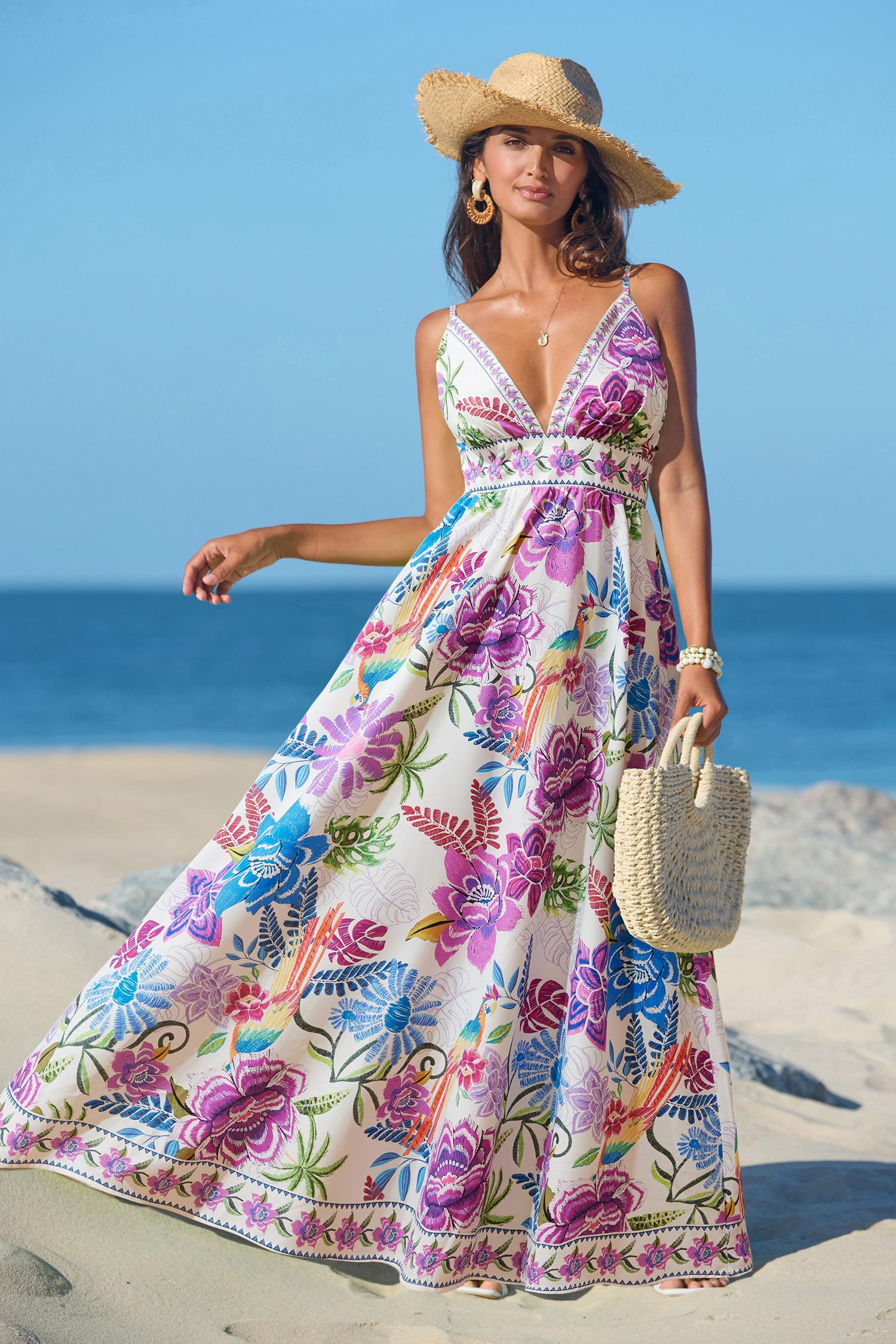 CUPSHE Vibrant Oasis Tropical Maxi Dress with Square Neckline Sleeveless Floral Print Back Zip Closure Boho Beach Bohemian Outfit for Women - Yellow birthday outfit SpringStatements