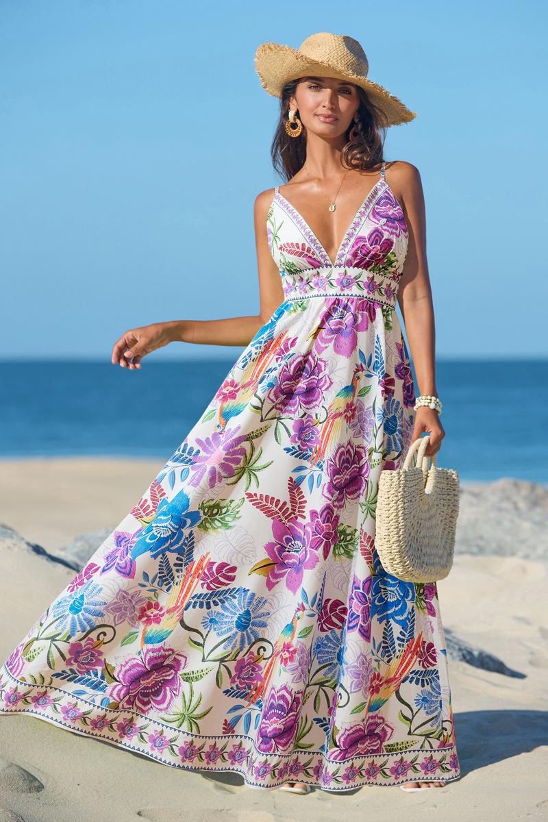 CUPSHE 【Valentine's Day】 Vibrant Oasis Tropical Maxi Dress with Square Neckline Sleeveless Floral Print Back Zip Closure Boho Beach Bohemian Outfit for Women - Yellow birthday outfit