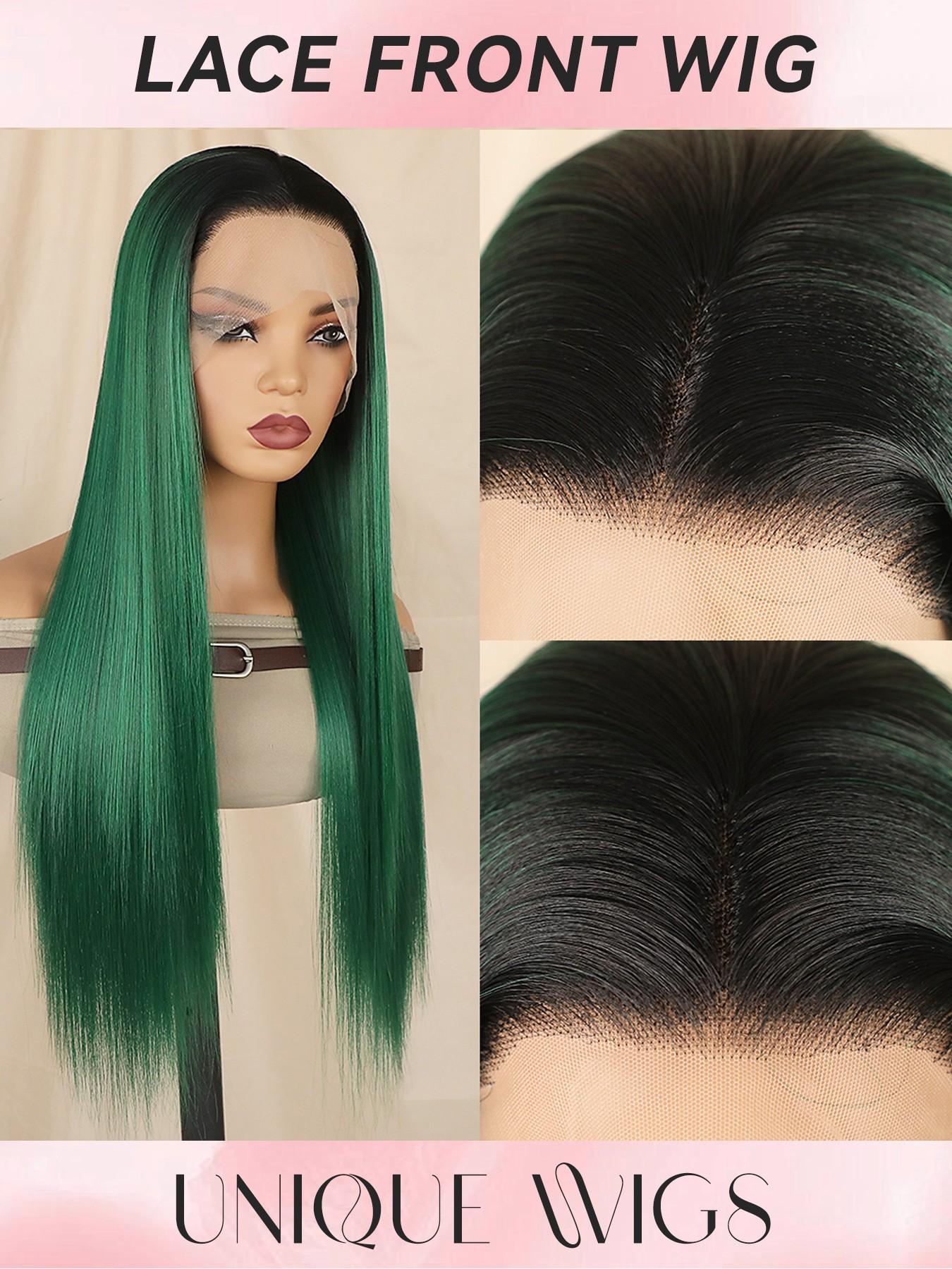 Dark Roots Ombre Long Straight Synthetic Wig, Heat Resistant, 28 Inch, 180% Density, Glueless, Pre-Plucked Hairline, Ready to Wear, Synthetic Hair Wigs