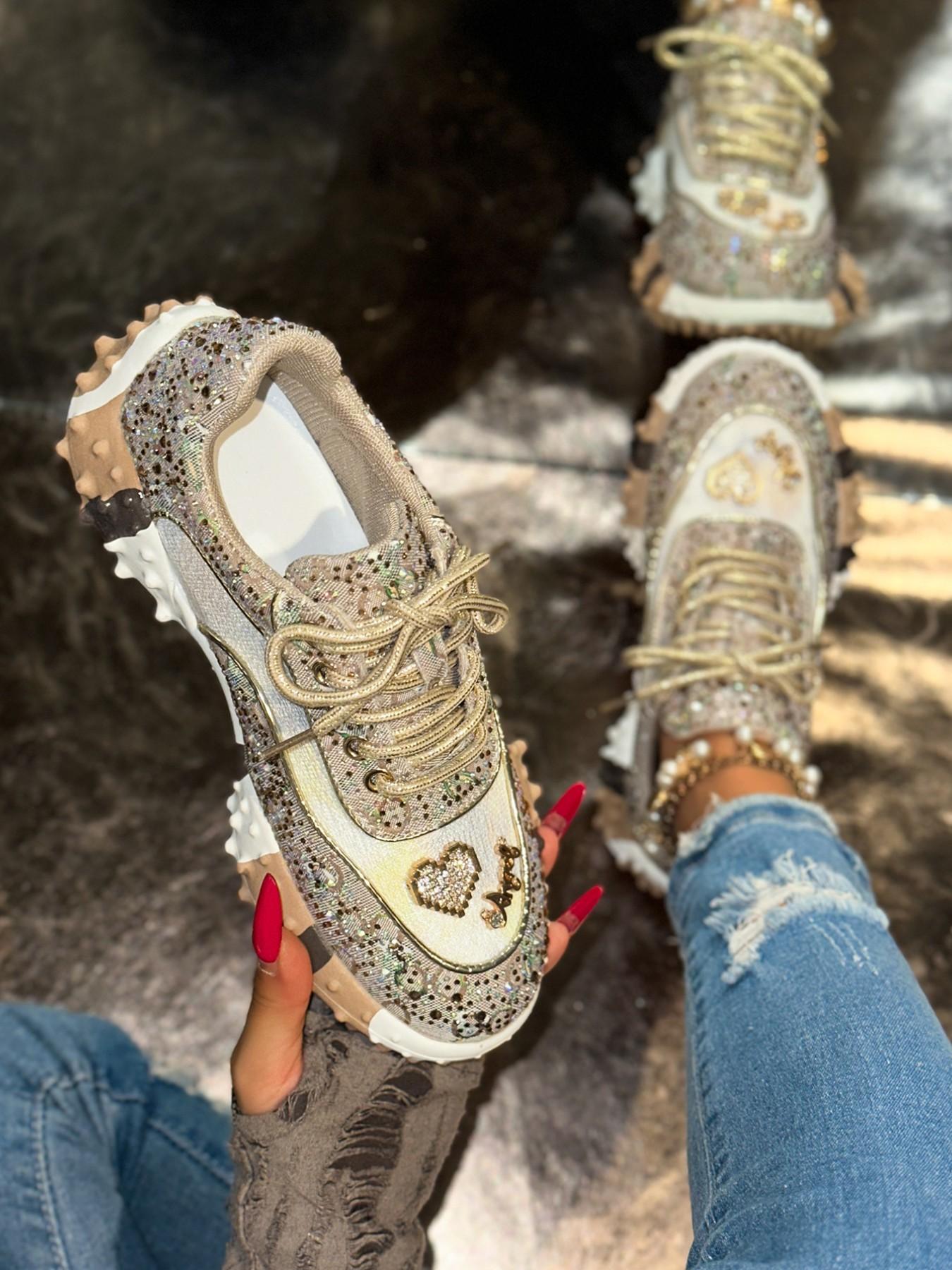 Sweet Cool Girl Style Rhinestone Lace Rose Bow Dad Shoes, Thick Rubber Sole Height Boost Slimming Anti-Slip Casual Streetwear Sports Shoes