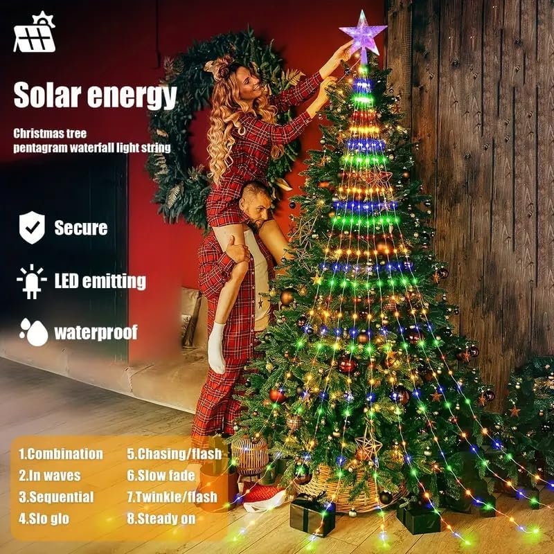 Solar Christmas Waterfall Lights, 200 LED Outdoor Waterproof String Lights, 8 Modes Fairy Lights for Holiday Decorations, Led Star Light