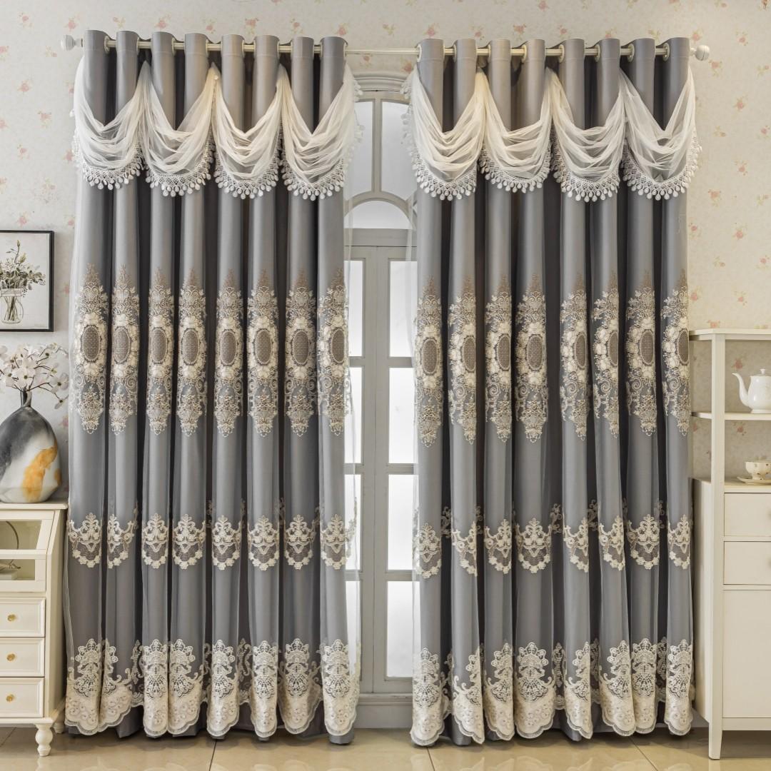 1pc European Luxury Gold Embroidered Double Layer Drapes, Sunscreen Insulation, High-End Living Room Master Bedroom Floor-To-Ceiling Curtains