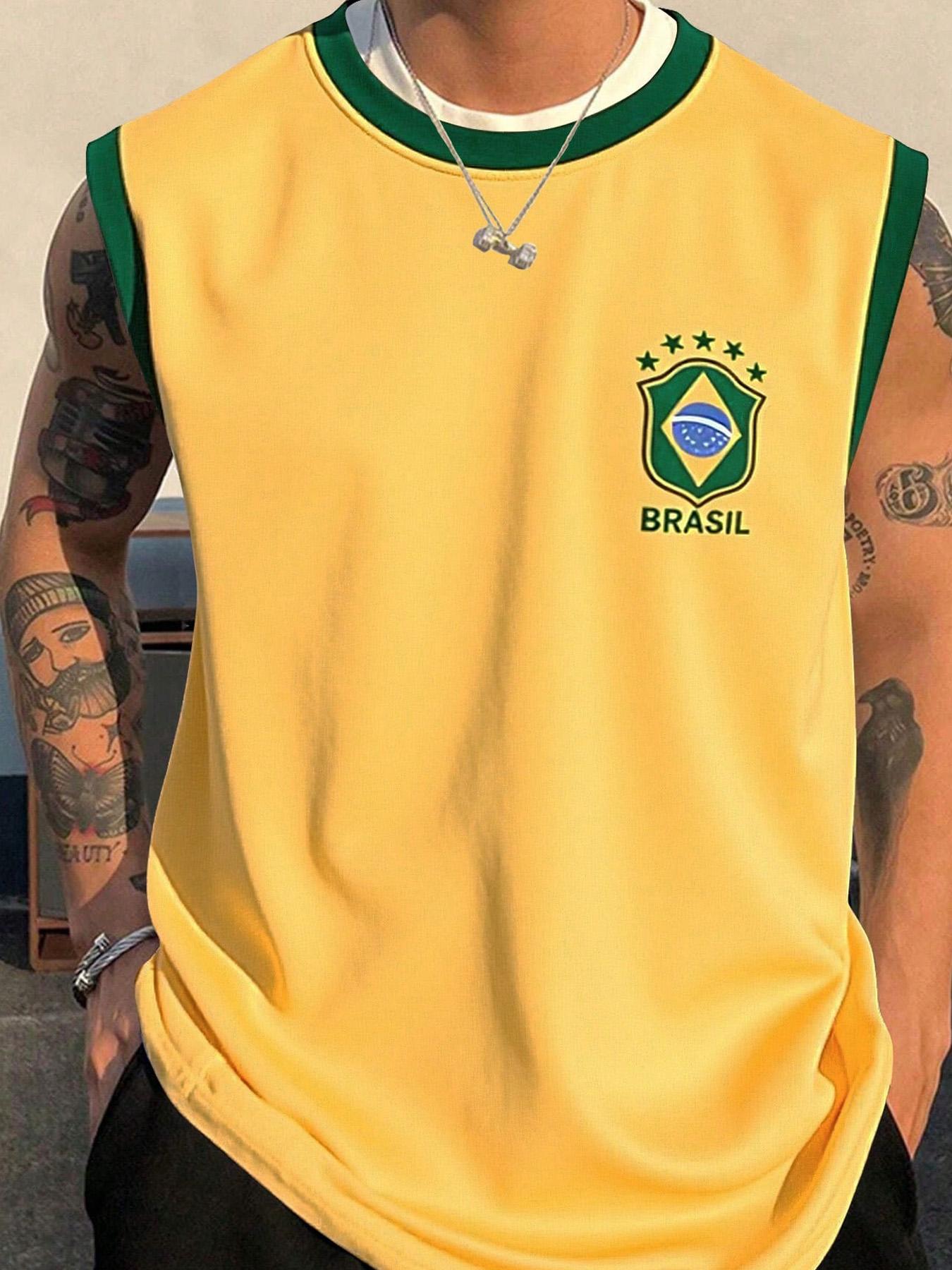 Men's Brazil Flag Print Tank Top, Vest Top, Regular Fit Casual Comfy Sleeveless Top for Summer, Men's Clothes for Daily Wear, Socks