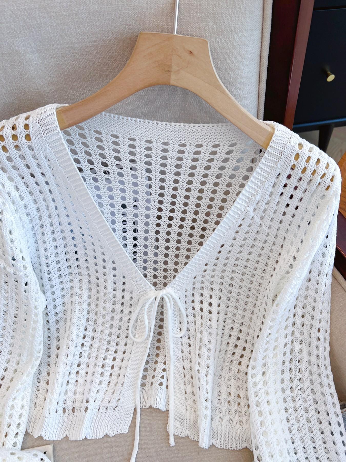 Women's Solid Hollow Out Sweater Cardigan, Casual Adjustable Tie Front Long Sleeve Knit Cardigan for Summer, Fashion Women's Knitwear for Daily Wear, Tops