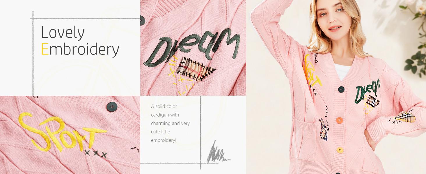 Chouyatou Women's Cable Knit Long Sleeve Open Front Cardigan Sheep V-Neck Button Down Embroidery Wool Blend Sweater Coat Outwear fall outfits Knitwear Womenswear SpringStatements