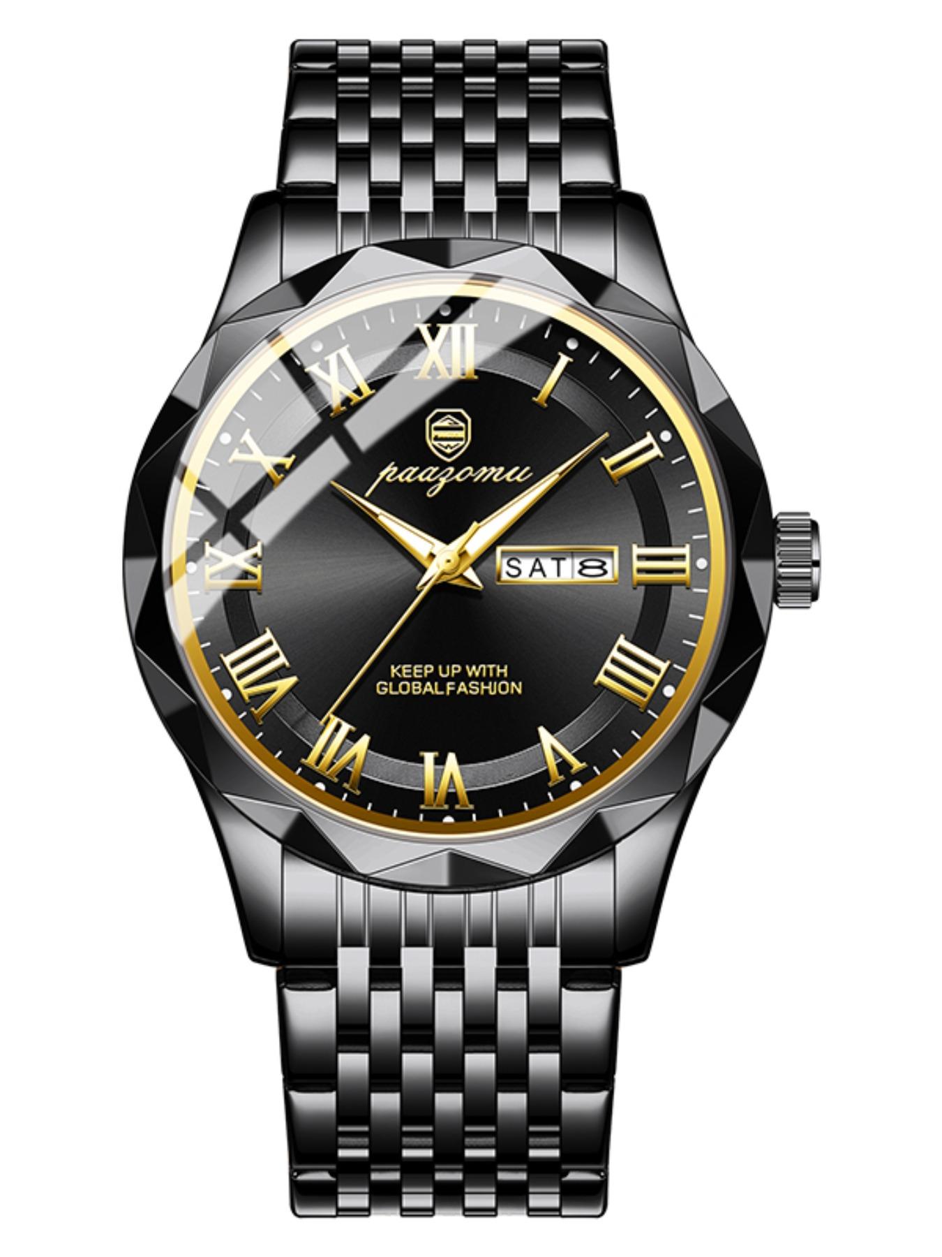 Paazomu Brand Steel Belt Dual Calendar Men's Quartz Watch 6367, Stylish Timepiece for Everyday Wear, Durable and Reliable Design