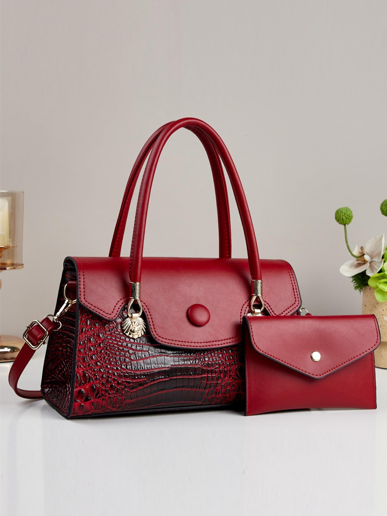 2pcs Women's Glossy Patent Leather Handbag & Clutch Set, Crocodile Pattern, Detachable Strap, Shoulder Crossbody Bag for Work, Travel & Party