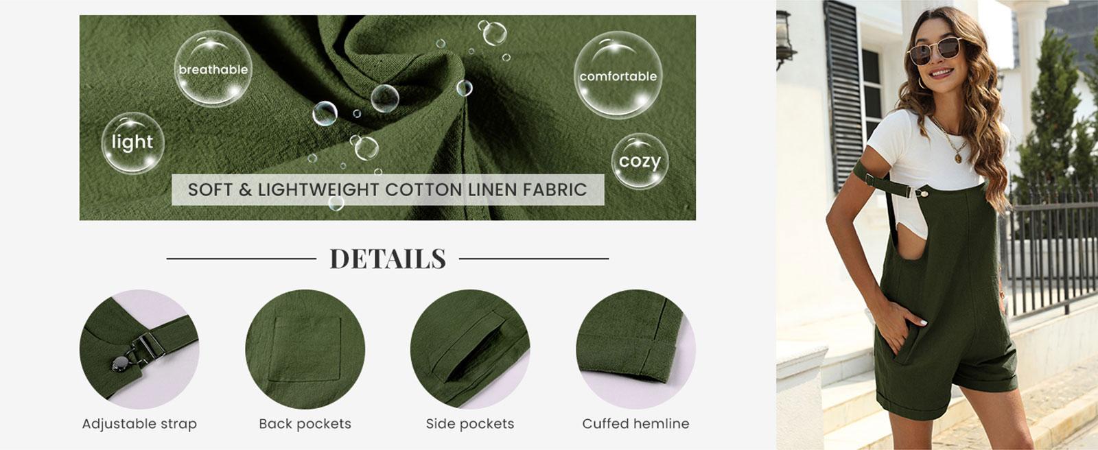 Ommig Women's Nyion Linen Short Overalls Summer Casual Bib Shortalls with Pockets