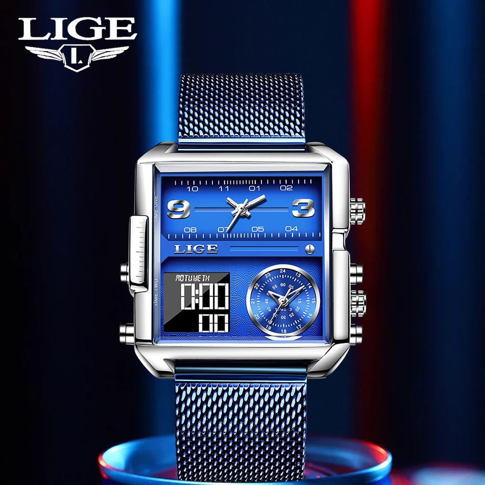 LIGE Men's Square Watch – Multifunctional Dial, 30M Water-Resistant, Luminous，Outdoorfun Fathersdaygift