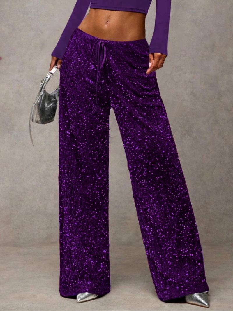 Women's Fashion Pants with Elastic Waistband, Bow Design, Sequins Detailing, Stylish Trousers for Casual Wear