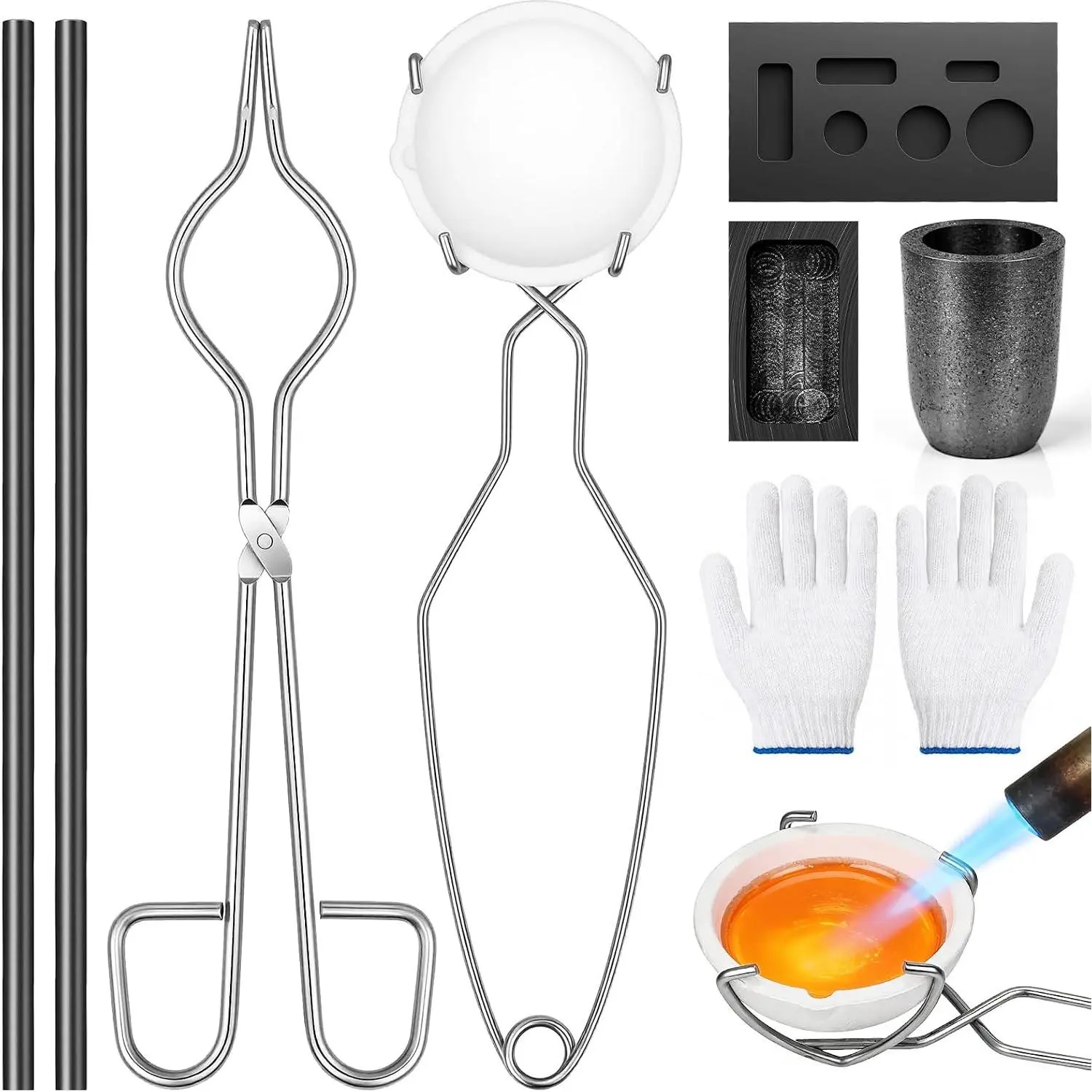 9 Pcs Crucibles for Melting Metal Kit - Graphite Torch Melting Casting Kit, Graphite Crucible, Graphite Ingot Molds, 2 Crucible Stir Stick, Quartz Cup & Tongs, Gloves