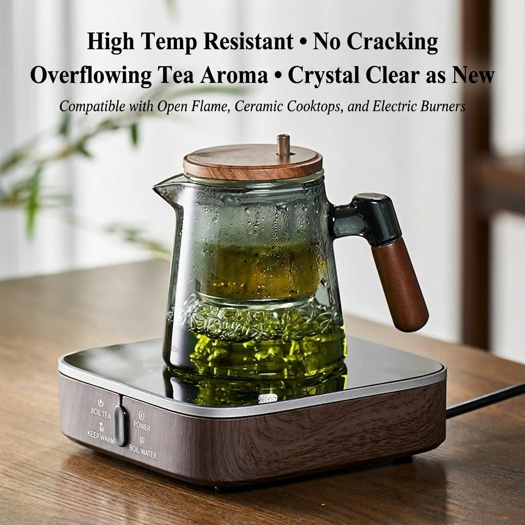 Glass Teapot with Removable Infuser Strainer & Wooden Handle - Borosilicate Heat Resistant Loose Leaf Tea Brewer for Office & Home Glass Teapot Set