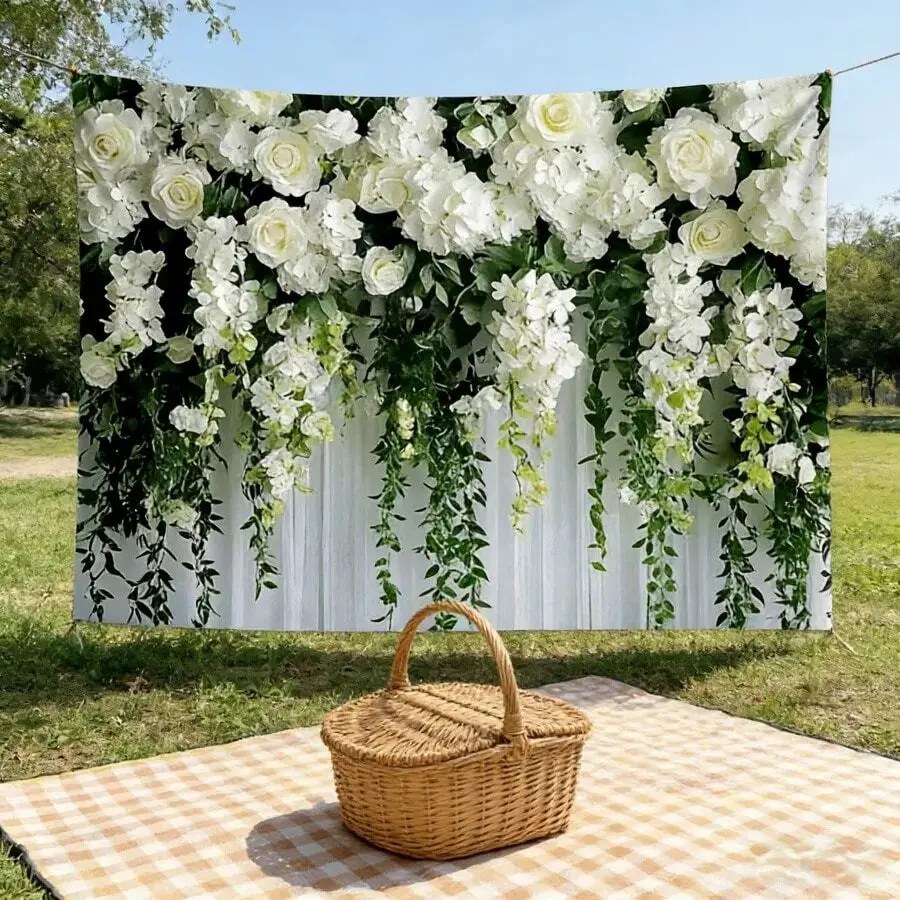 Elegant White 2D Flat Rose Garland Photo Backdrop - Durable Lightweight Wall Hanging Banner for Wedding, Birthday Decor, Halloween, Room Gift, Versatile Festive Tapestry