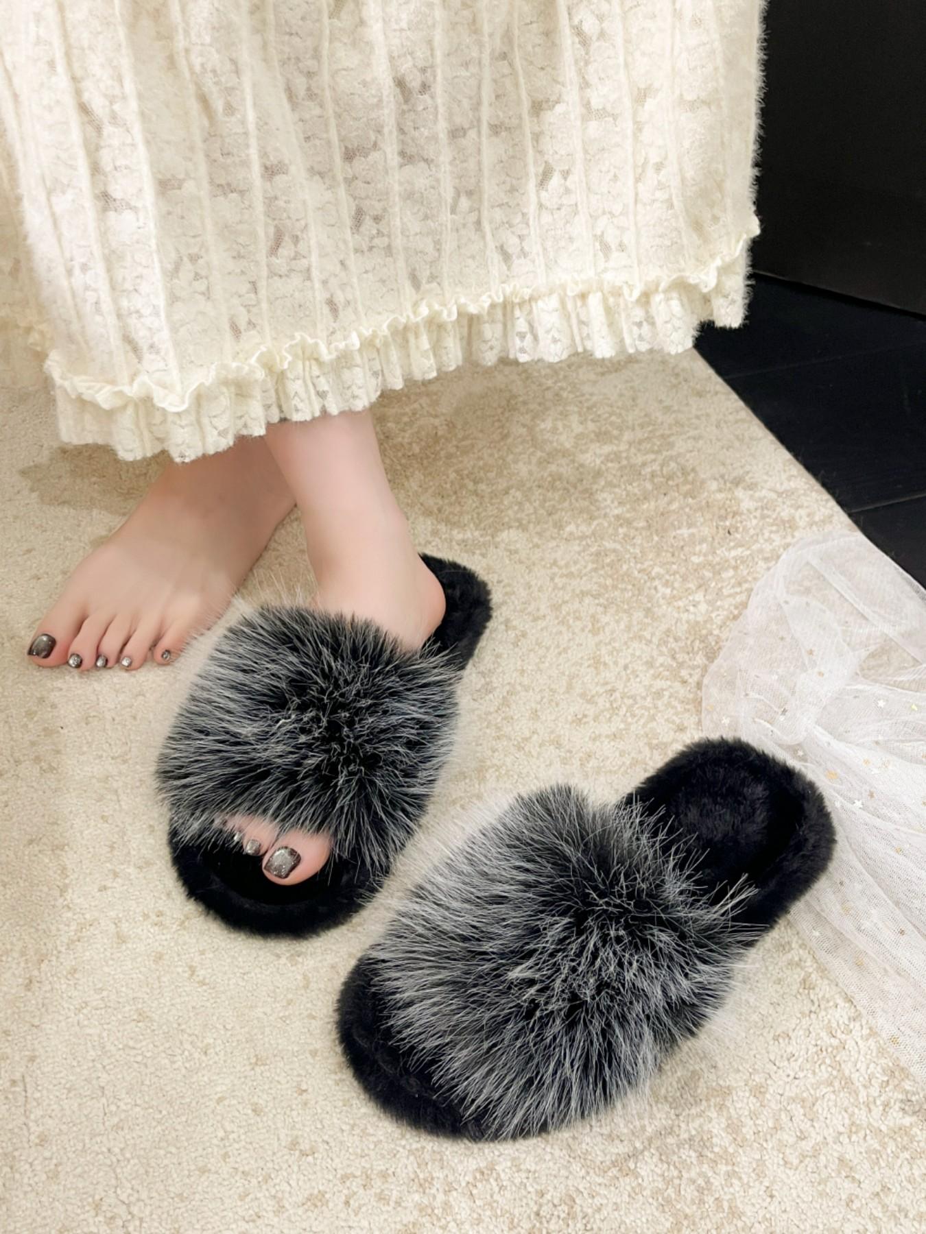 Pure Color Plush Slippers, Comfortable Soft Shoes for Women and Girls, Fashion Trendy Design, Open-Toe Wedding Shoes