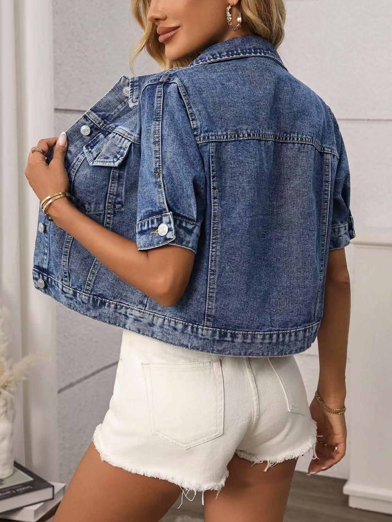 Women's Classic Short Sleeve Denim Jacket, Casual Single Button Short Denim Collar Top, Summer Outerwear, Loose-Fitting