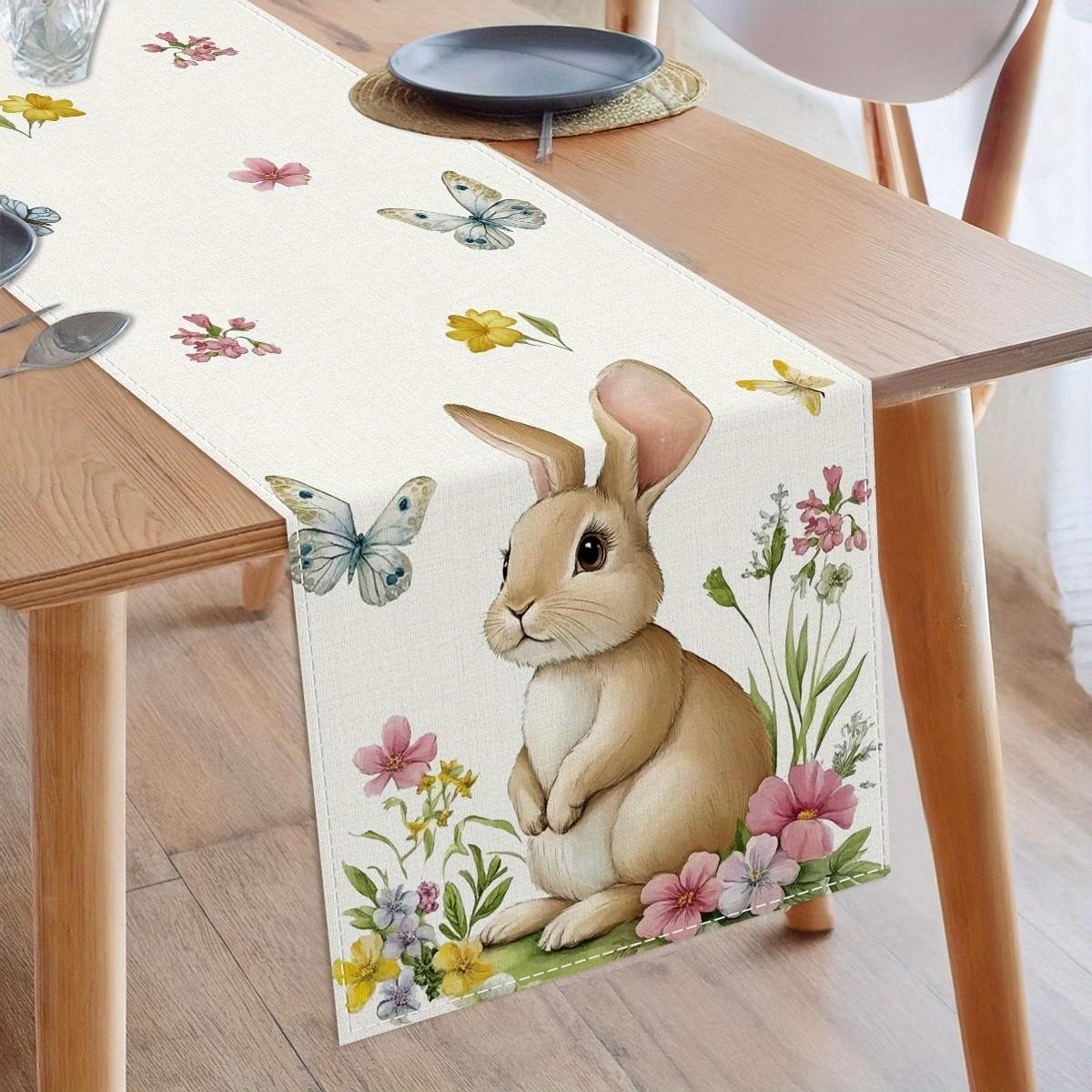1Pcs Easter Table Runner, Cute Rabbit Pattern, Festive Dining Settings, Spring New Home Decor, Durable Polyester Material, Suitable for Dining Room Kitchen TV Cabinet