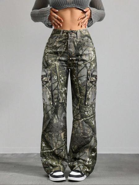 Women's High Waist Loose Fit Camo Cargo Pants, Casual Straight Leg Denim Jeans, Y2K Fashion Winter Sports Pants with Pockets, High Waisted Design