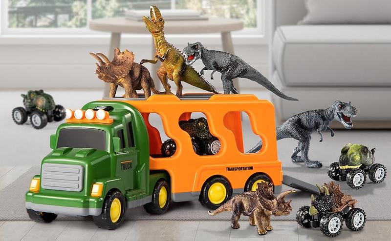 7 In 1 Dinosaur Transporter Truck CarToy Set with Mini Dinos & Cars,Light & Sound,Christmas Birthday Gift