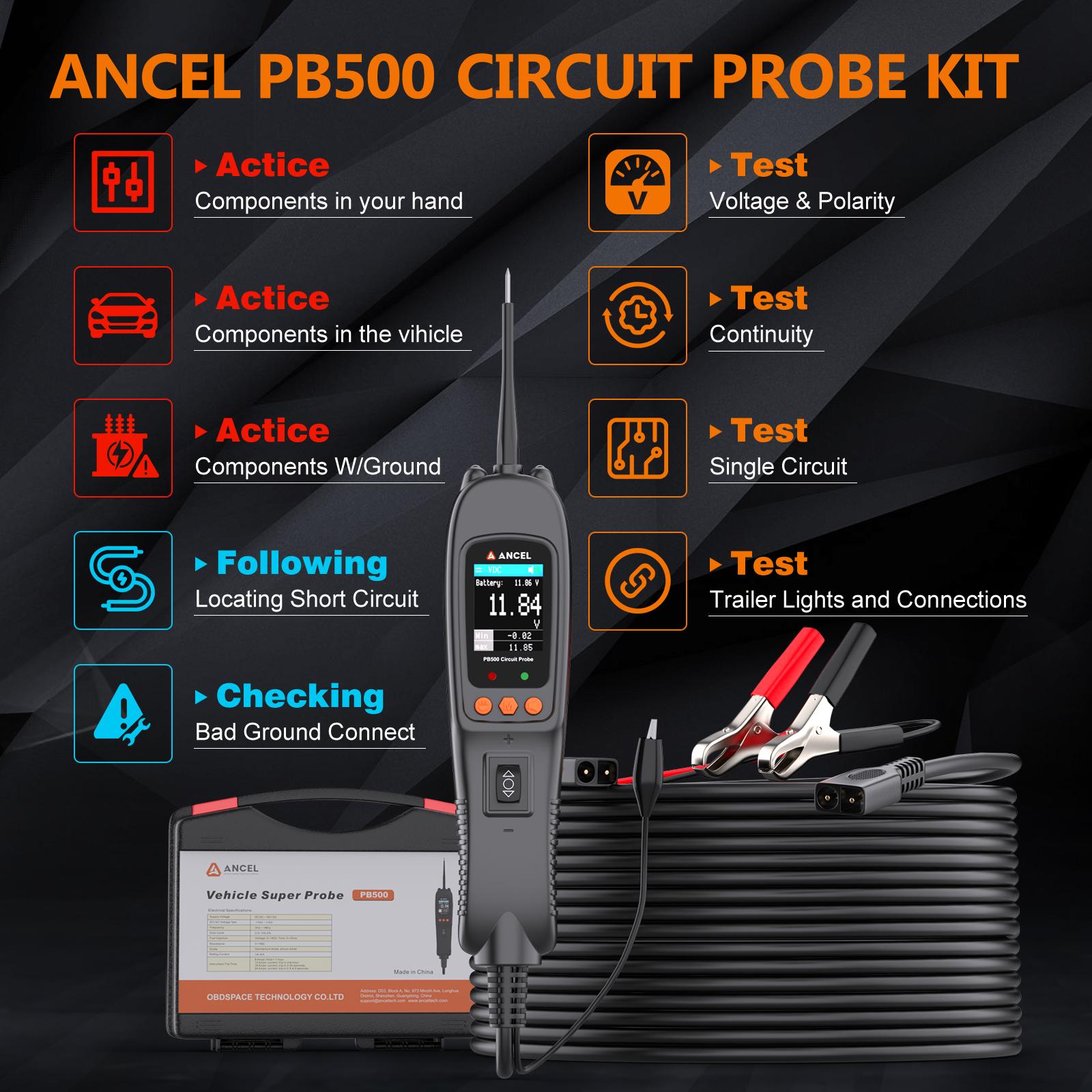 Ancel PB500 Automotive Circuit Tester with 20ft Cable 7 Test Modes DC AC Voltage Frequency Duty Cycle & Diode Resistance Tool for 12-24V Batteries