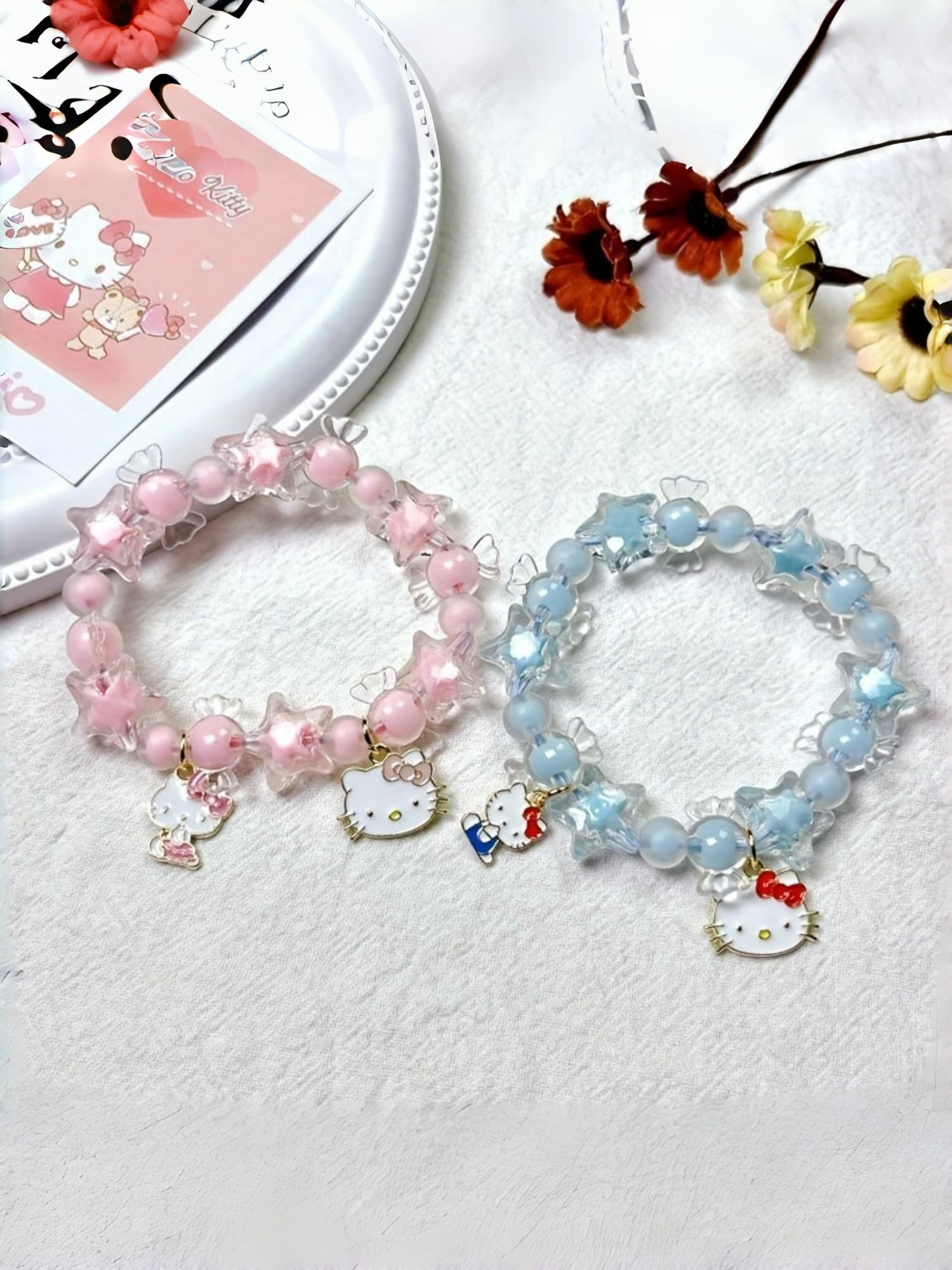 Acrylic Candy Star Cute Beaded Bracelet, Cat Head Anime Pendant Jewelry Gift for Kids, Trendy Handmade Accessory
