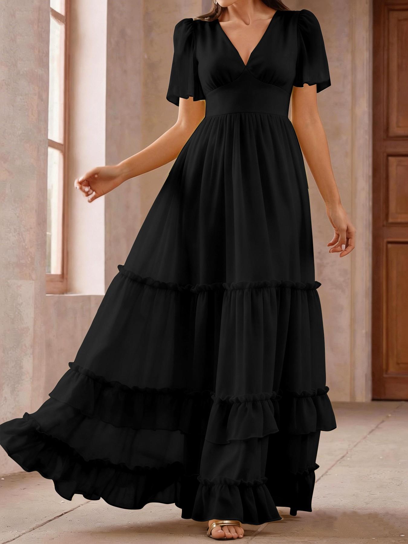 Spring Summer Dress, Cake Skirt V Neck Ruffle Long Dress, French Gentle Style, Beach Vacation, Wedding Bridesmaid Dress