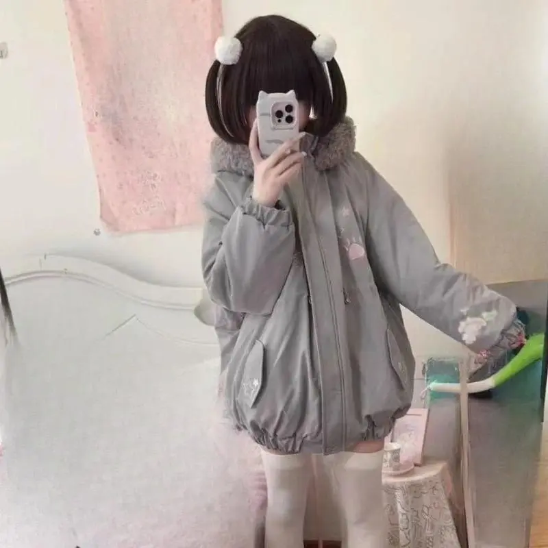 2026 Y2k Aesthetic Grunge Warm Loose Outwear Japanese Winter Preppy Style Embroidery Jackets Women Harajuku Casual Hooded Coat