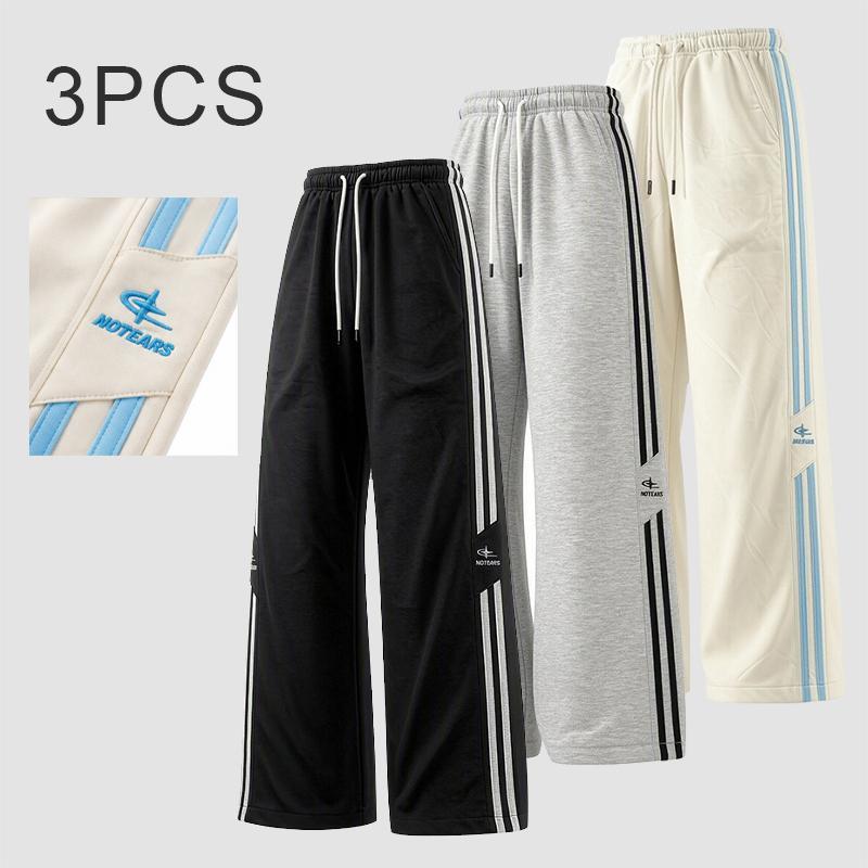 3-pack men’s casual sweatpants with side stripes, embroidered, comfortable wide-leg pants for spring and autumn; loose, trendy, fresh, fashionable straight-leg pants suitable for daily commuting, going out, street wear, and parties—versatile long pants.