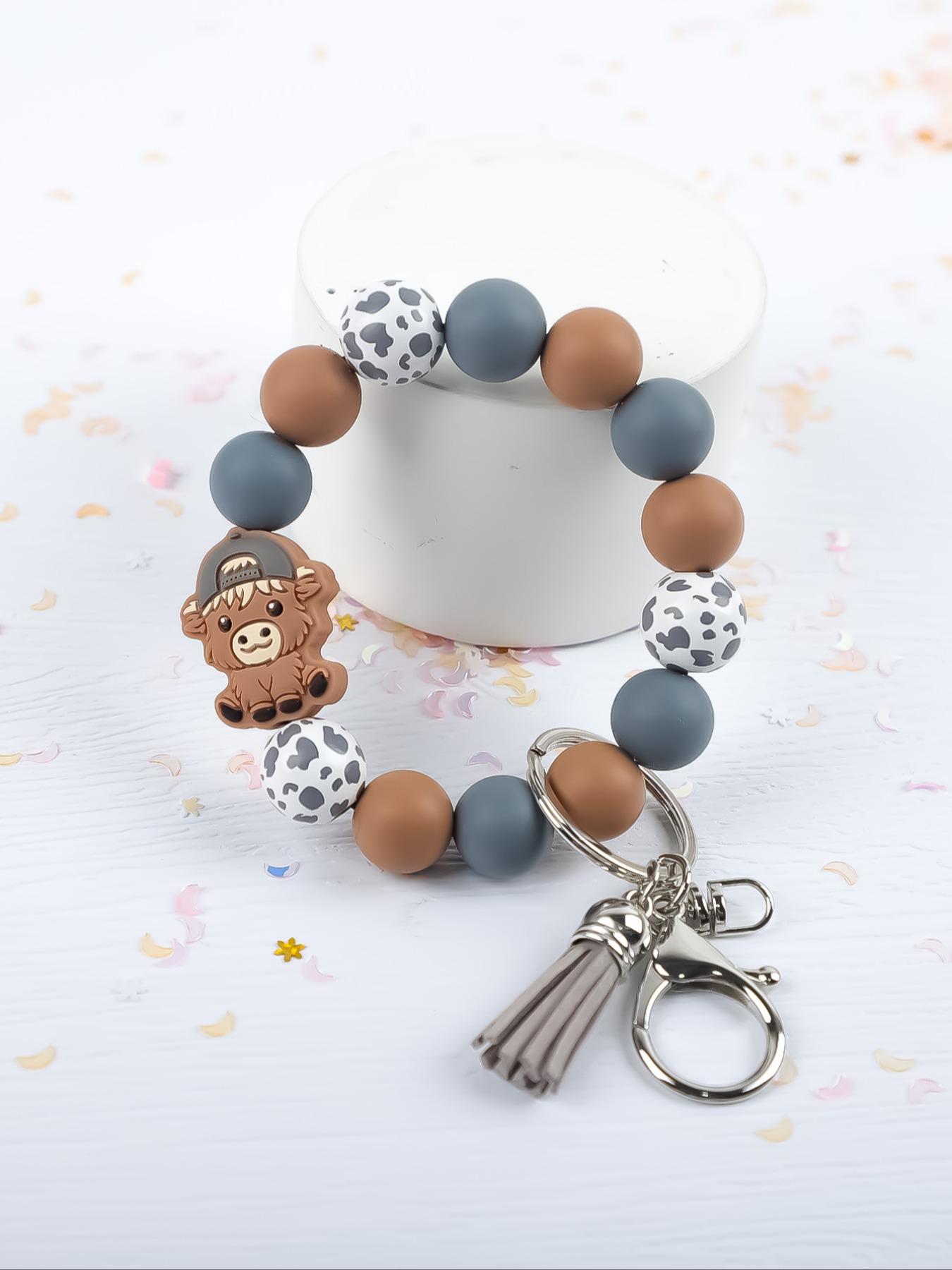 Cute Farm Style Beaded Wrist Keychain, Multiple Colors Available, Spot Pattern Beads with Bow Cow Design, Perfect Gift for Friends & Family