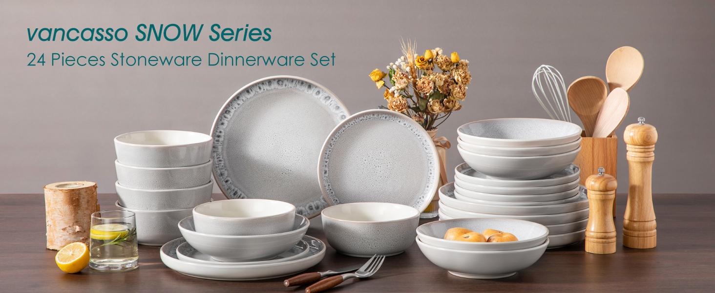 vancasso Stoneware Dinnerware Set – 16/18/24-Piece Plates and Bowls Set for 4/6, Reactive Glaze Mediterranean Style Crockery, Chip-Resistant, Dishwasher & Microwave Safe