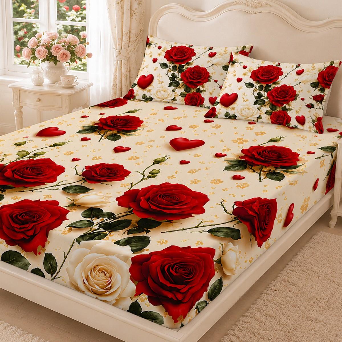 3pcs Three-piece fitted sheet set with red rose and heart floral print. Includes one fitted sheet and two pillowcases (pillow inserts not included). Soft, comfortable, and breathable. Available in multiple sizes. Suitable for master bedrooms, guest rooms