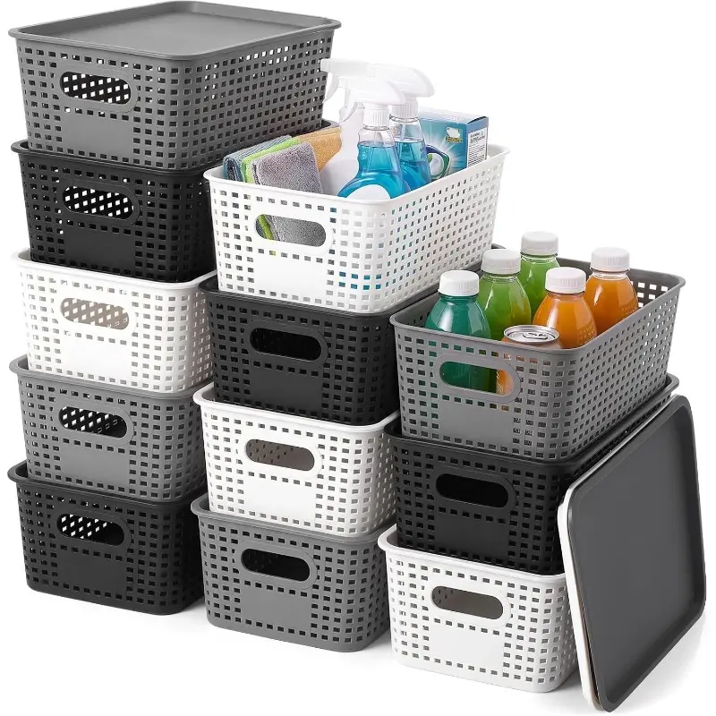 10-Pack Hollow Plastic Storage Baskets with Lids - Stackable Organizing Containers with Fitting Design for Closet, Pantry - Decorative Home Organizers, 10.2x7.2x4.6 Inches
