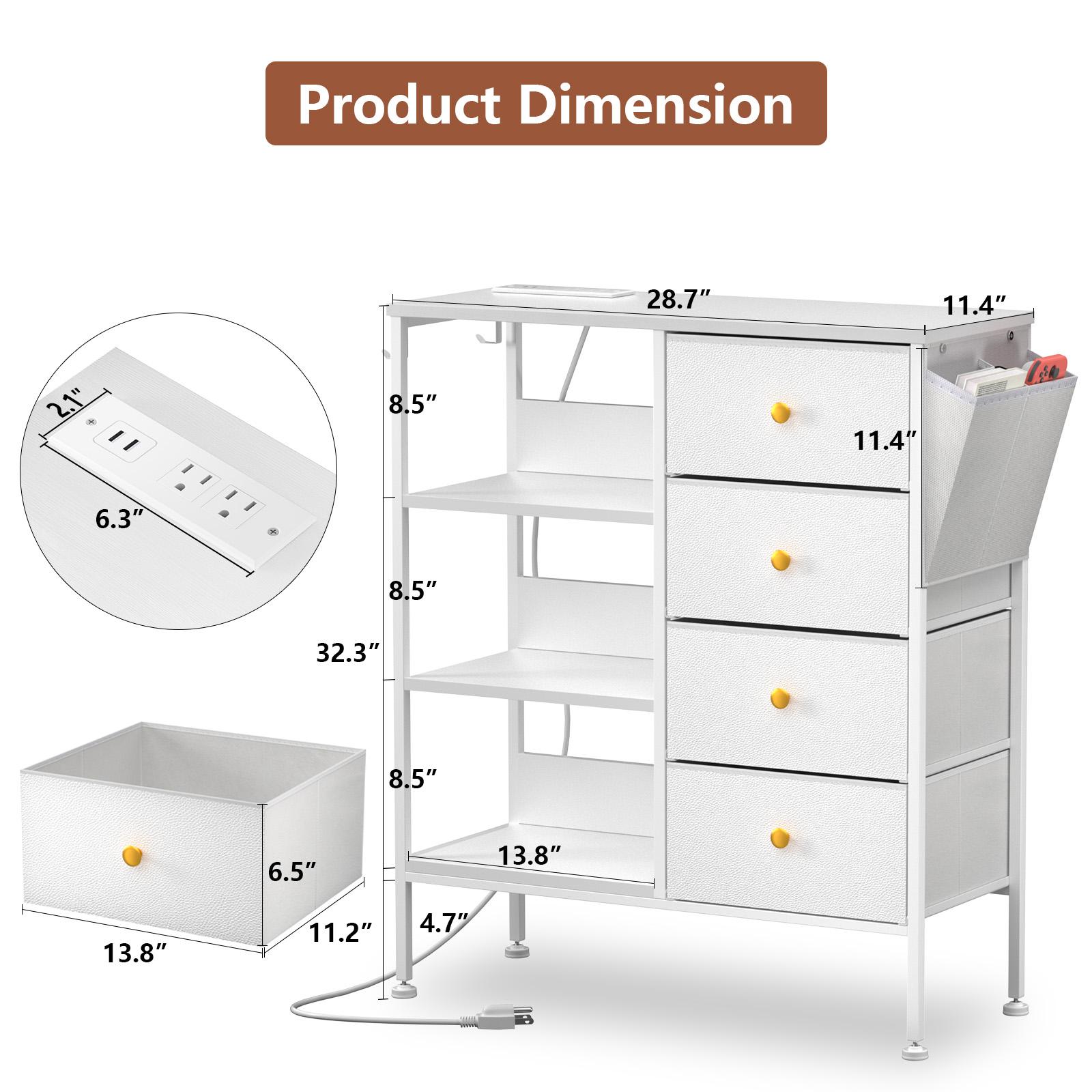Tall Nightstand with LED Light & Charging Station – Bedside Table with 4 Drawers & 3-Tier Open Shelf, Modern Storage Cabinet with Wood Top & Metal Frame for Bedroom, Living Room, Apartment, 28.3"W x 11.4"D x 31.9"H