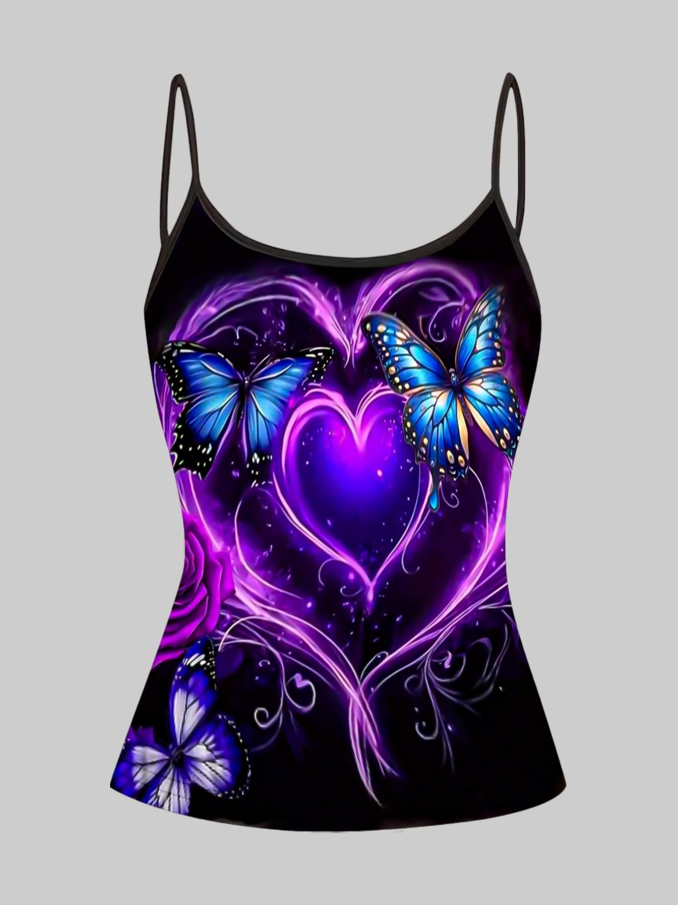 Butterfly Heart Print Adjustable Straps, Casual Sleeveless Slim-Fit Top, Home Wear & Outerwear, 4-Piece Set