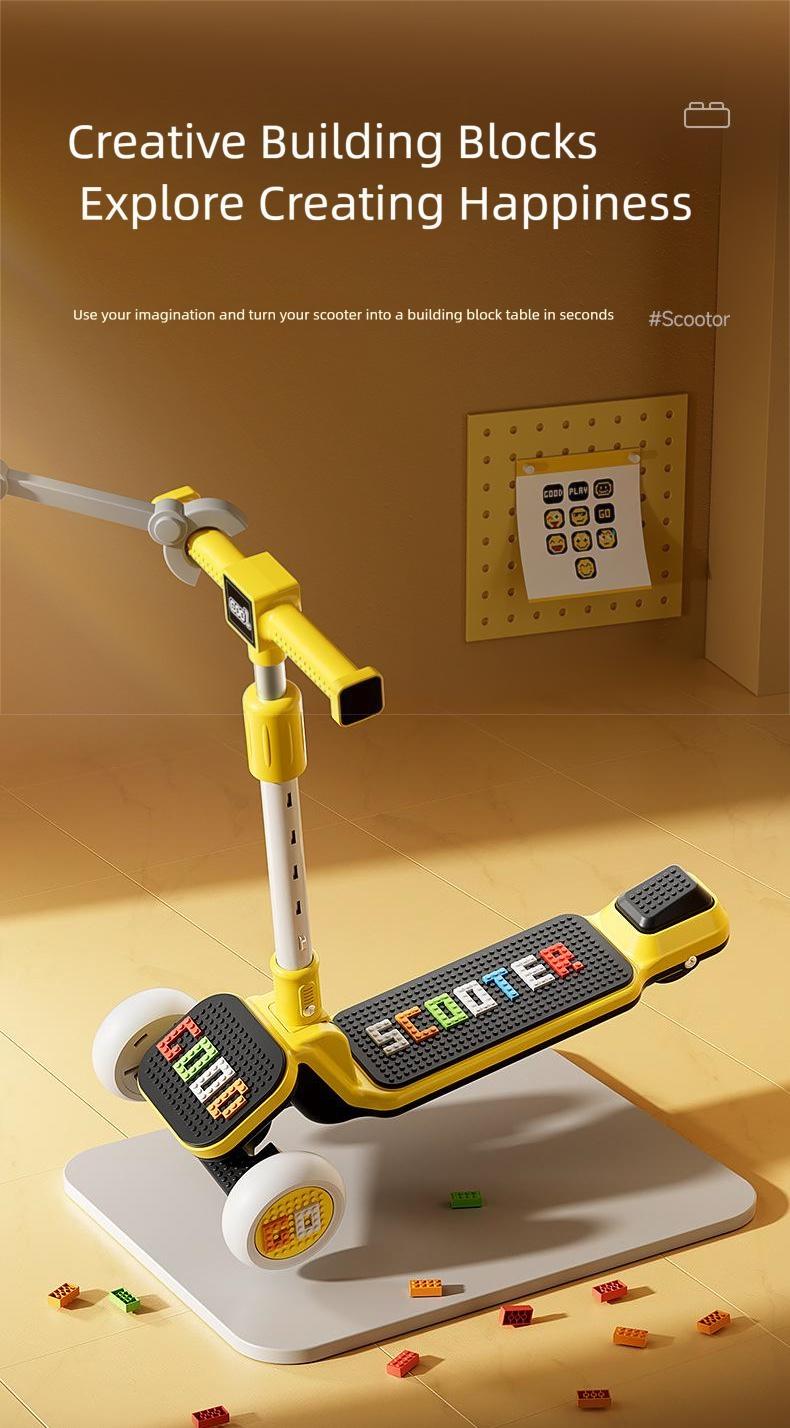 Kids Scooter 3 Wheels for 3-9 Years Height Adjustable Foldable with DIY Bricks LED Flashing Wheels Heavy Duty Outdoor Toy Gift Light up