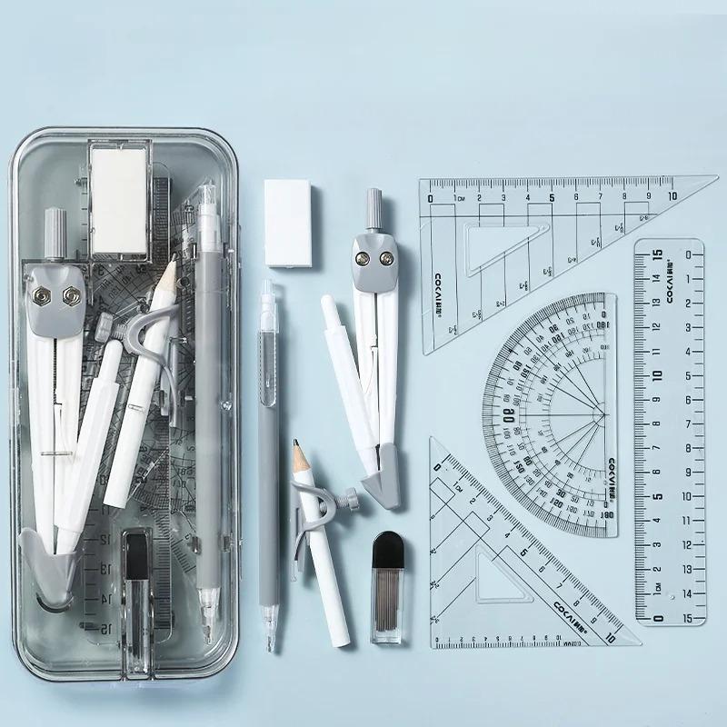 Clear Scale 9-piece Compass Ruler Set Measuring Ruler Student Math Drawing Tools Exam Kit for Elementary School Students