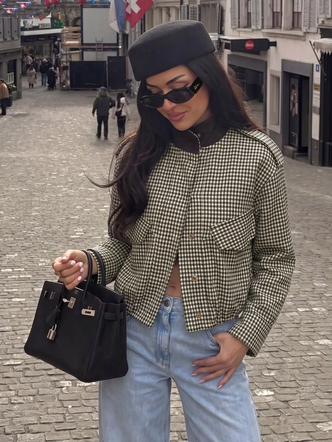 Women's Designer Notched Collar Plaid Pilot Jacket Coat, Academic Style Casual Pocket Outerwear, Trendy Fashion for Daily Wear