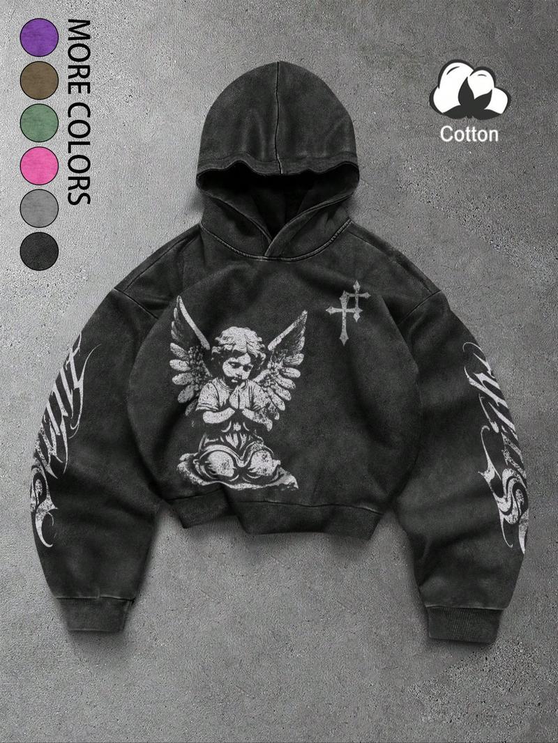 Unisex Vintage Street Style Angel Prayer Hoodie with Distressed Cross Print, Loose Gothic Sweatshirt for Trendy Couples and Fashion Enthusiasts