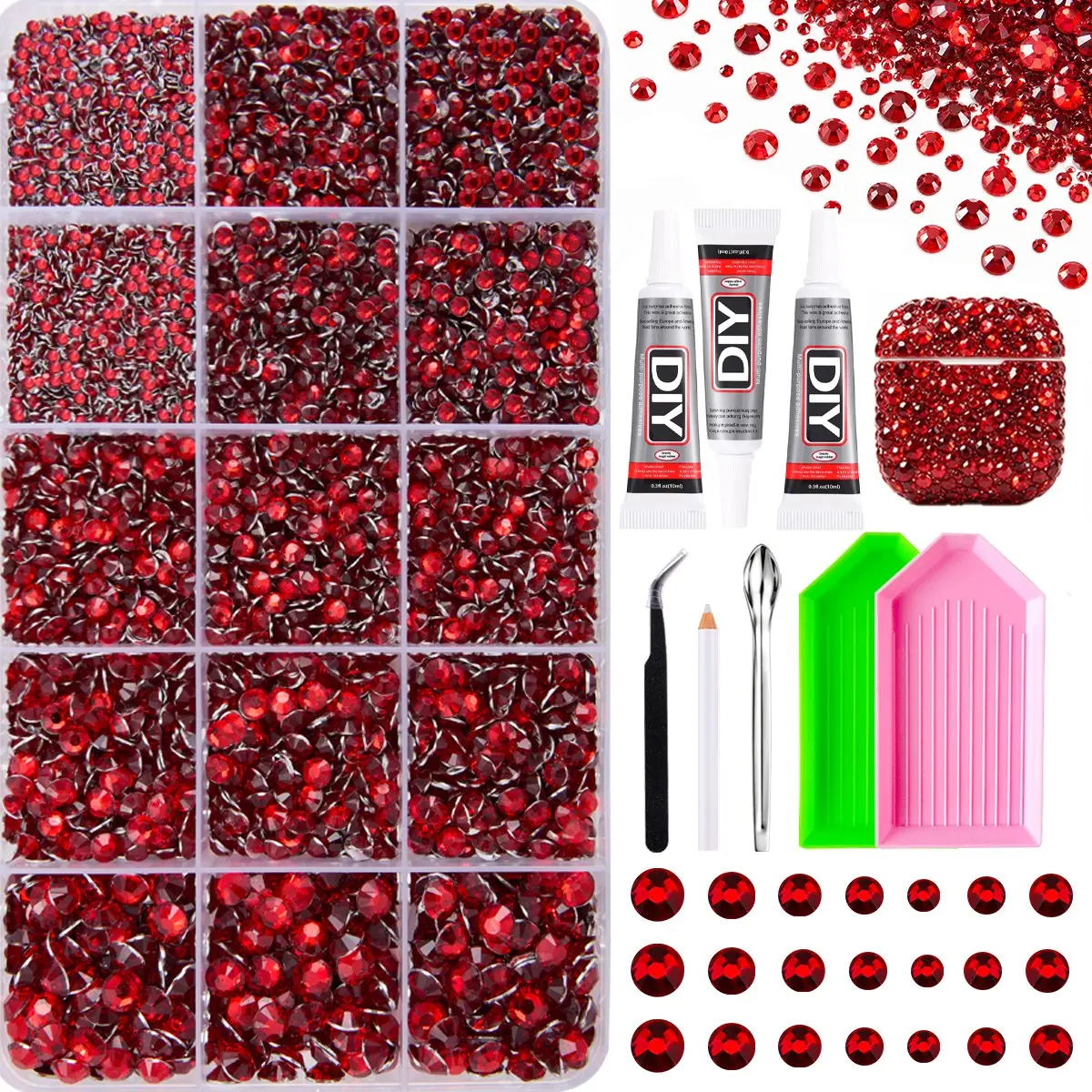 1Box Multi-Sized with 2/3/4/5/6mm Red Series Resin Nail Rhinestone Bedazzled Kit Sparkling Silver Flat Bottomed Semi-Circular Crystal Gems Nail Diamond Art Decors DIY for Eyeglasses Headphones Festive Holiday Decorations