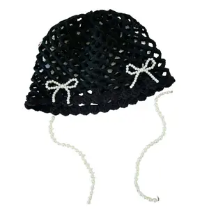 Retro Handmade Fishnet Crochet Head Wrap Hat - Elegant Pearl Bow Decor, Lightweight Breathable Casual Cap for Outdoor Travel