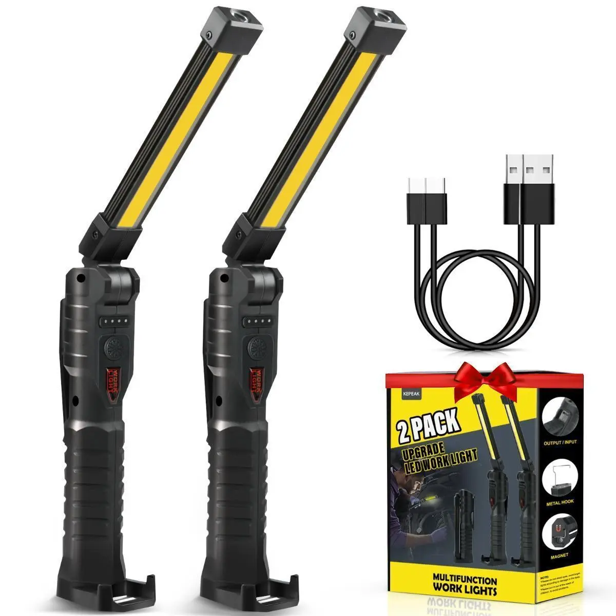 【Toolupgrade】2-Pack Black Rechargeable Cordless LED Work Lights with Magnetic Base, Hook, 5 Modes, Type C - Multifunctional EDC Flashlight for Garage Work, Outdoor Use,toolupgrade