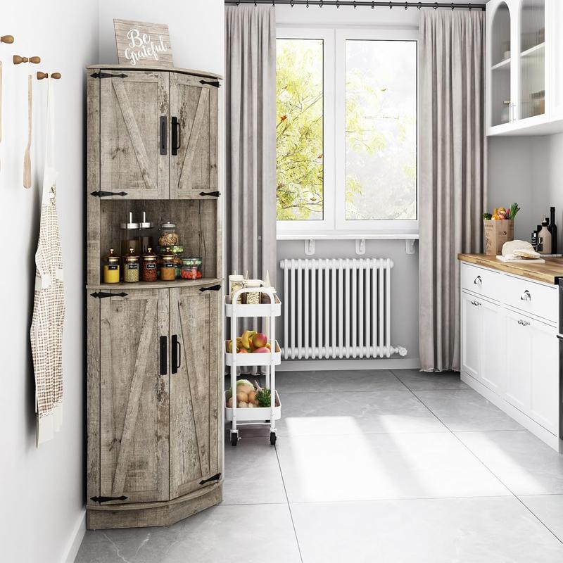 68" Tall Farmhouse Corner Cabinet, Dining Room Storage Cabinet with 4 Barn Doors and 5 Level Storage with Adjustable Shelves, for Kitchen, Living Room, Laundry Room