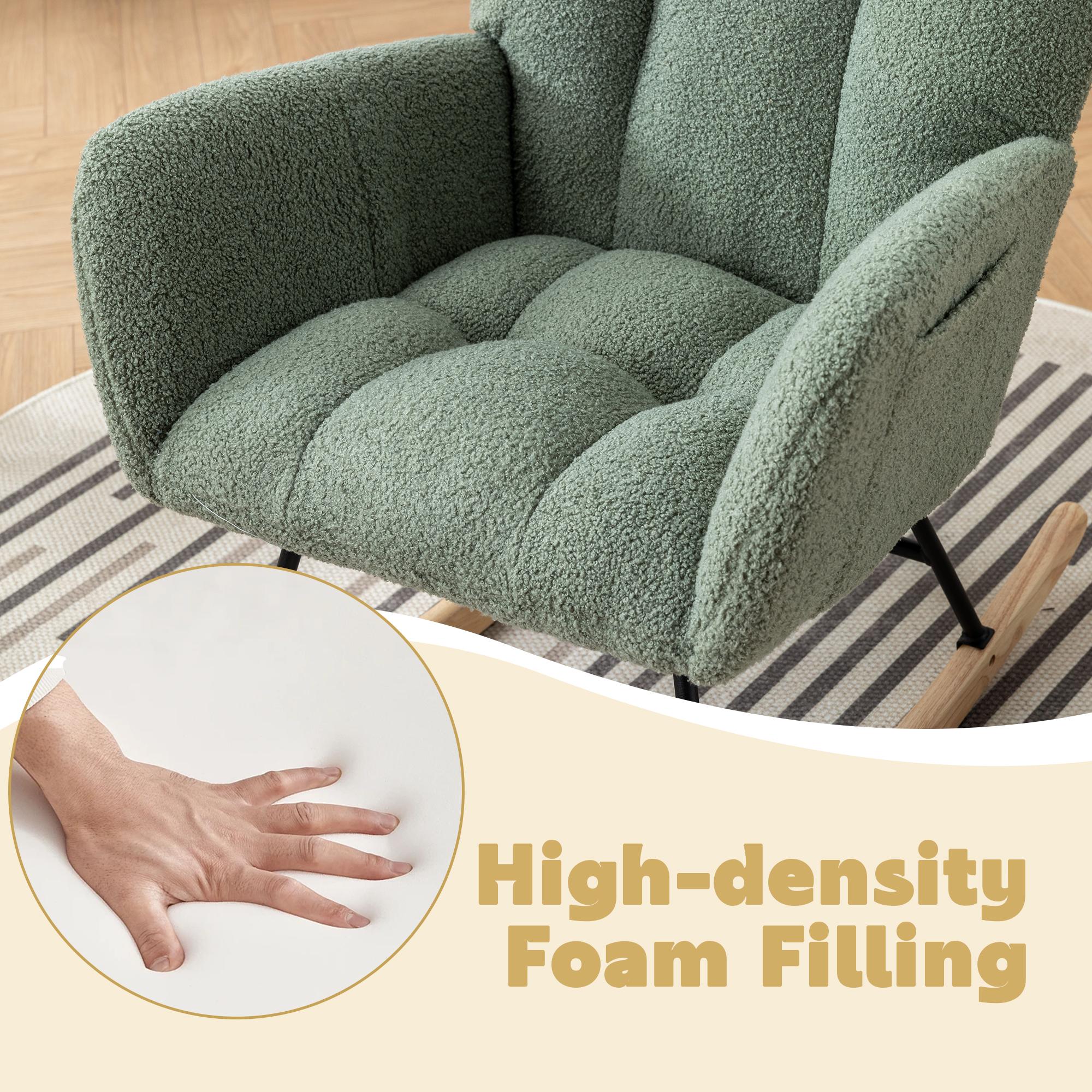 QAK Teddy Fabric Rocking Chair with Pocket, Soft Rocking Chair for Nursery, Comfy Wingback Golider Rocking Chair with Safe Solid Wood Base, Living Room