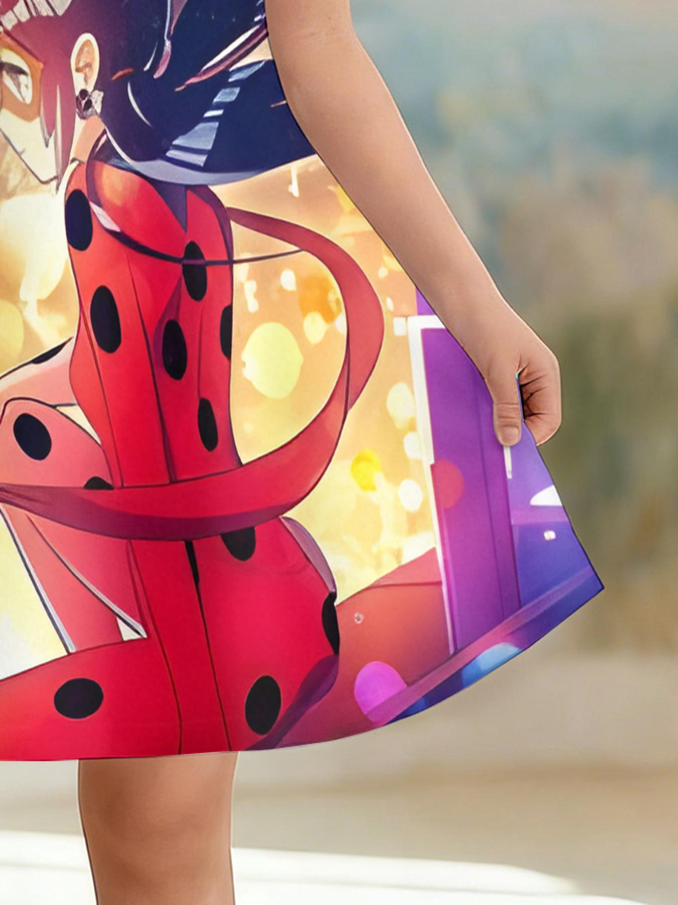 Girls' 3D Short Sleeve Dress, Miraculous Girl Ladybug Full Print, Perfect for Parties, Festive Gifts, Birthday Presents