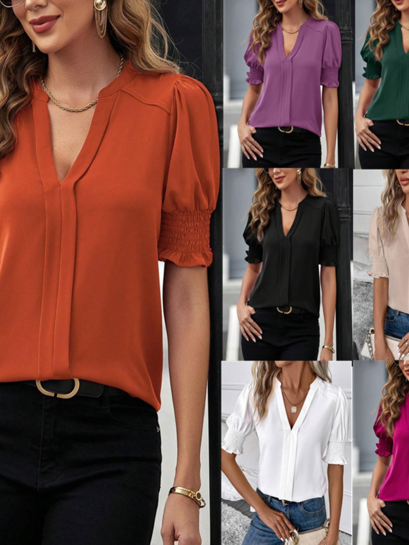 Summer New Fashion Casual V Neck Bubble Pure Color Short Sleeve Shirt, Stylish and Comfortable, Perfect for Daily Wear