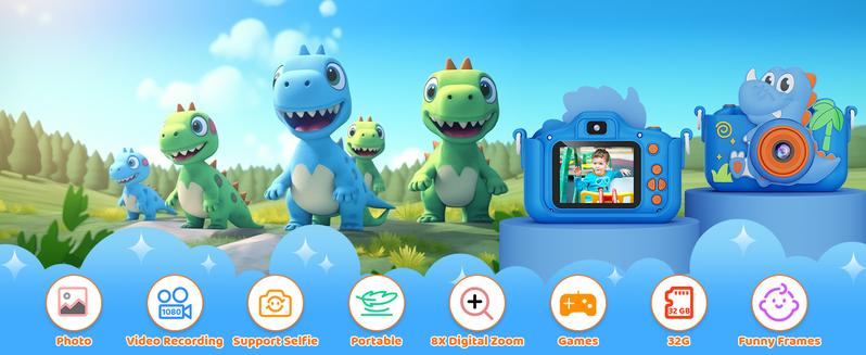 KOKODI Dinosaur Fun Camera Toy for Kids 1080P Dual Camera 32GB SD Card Selfie Photos Puzzle Games MP3 Music Player with 28 Cartoon Stickers & 6 Filters Ideal Christmas Birthday Gift Protective