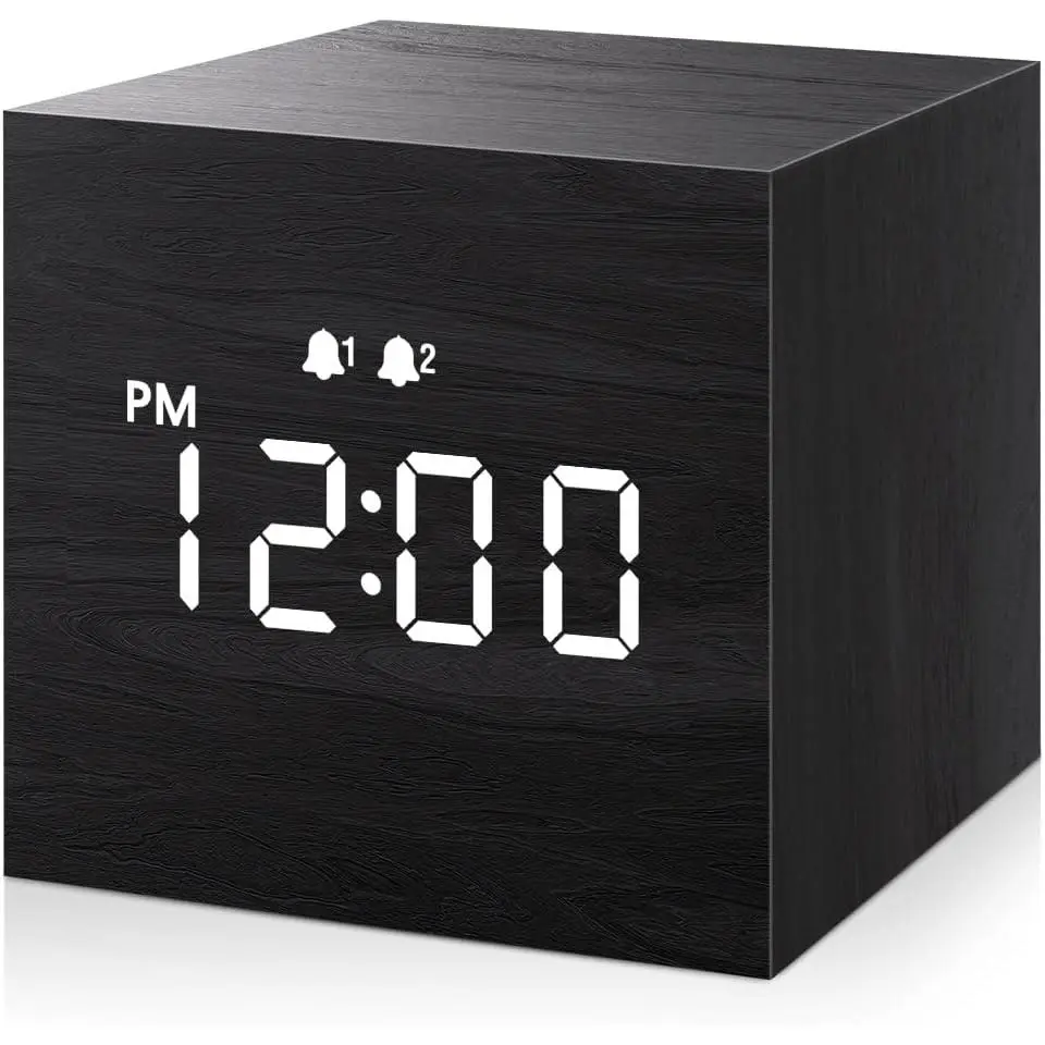 Black 2.5 In Wooden Square Digital Alarm Clock with LED Time Display, 3 Alarms, Mini Cube Design for Bedroom Bedside Desk Decor, Wood Pulp Material for Home Supplies Use