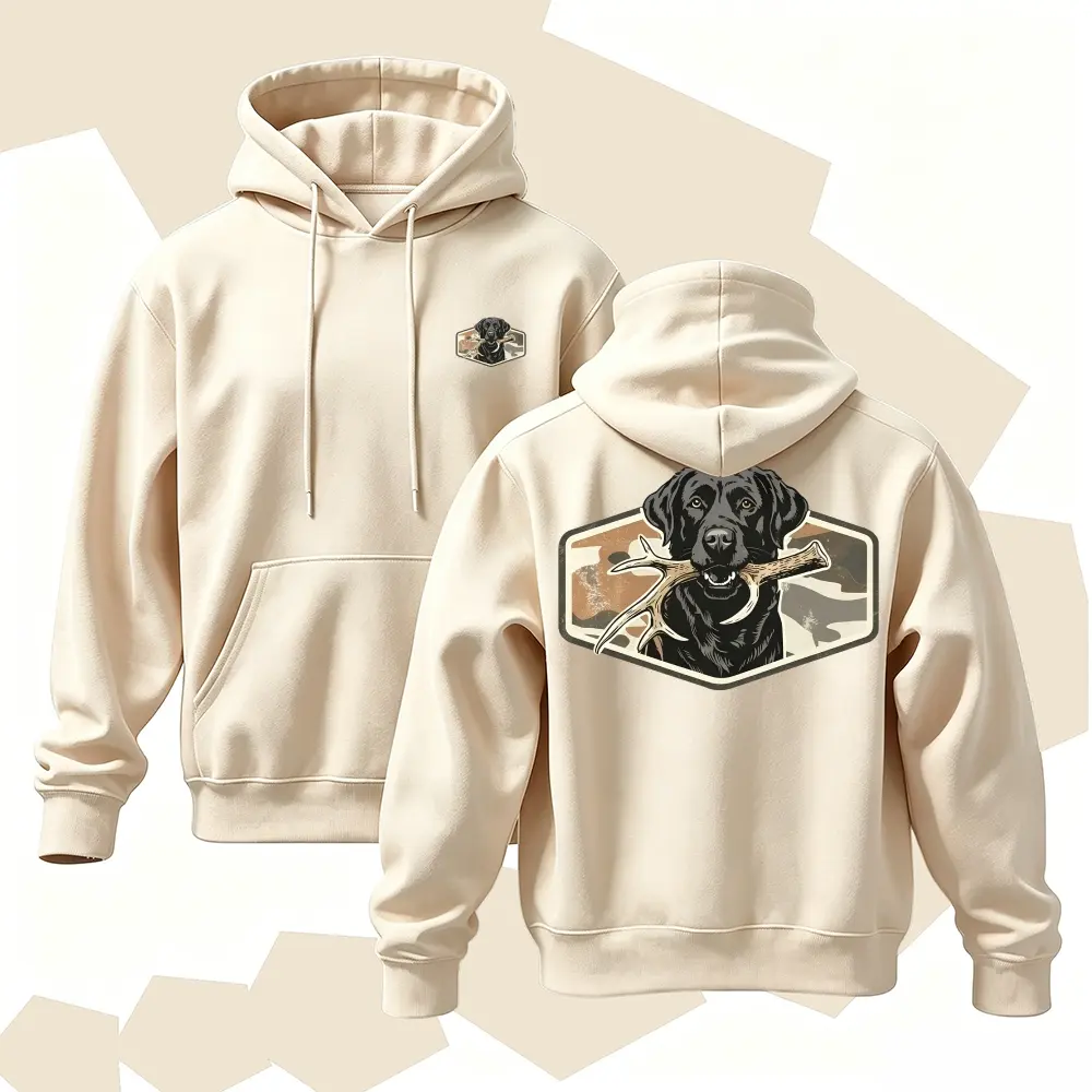 Men Vintage Black Labrador Hunting Pullover Hoodie Front Back Double Print Camo Antler Gun Dog Graphic Casual Sweatshirt